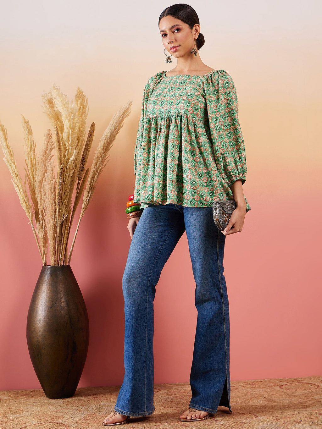 InWeave Cool Green Kantha Print Cold Shoulder Top | Grocsy