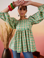 InWeave Cool Green Kantha Print Cold Shoulder Top | Grocsy