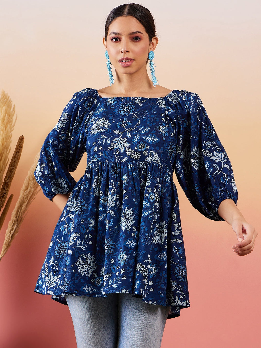 InWeave Indigo Floral Print Cold Shoulder Top | Grocsy