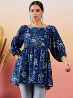 InWeave Indigo Floral Print Cold Shoulder Top | Grocsy