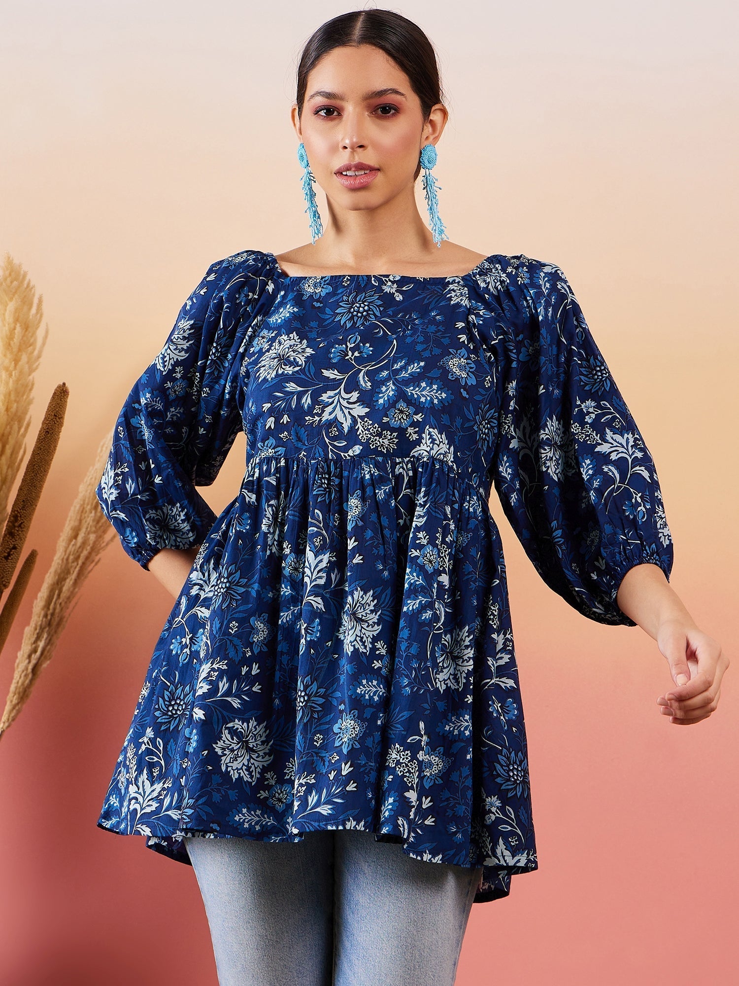 InWeave Indigo Floral Print Cold Shoulder Top | Grocsy