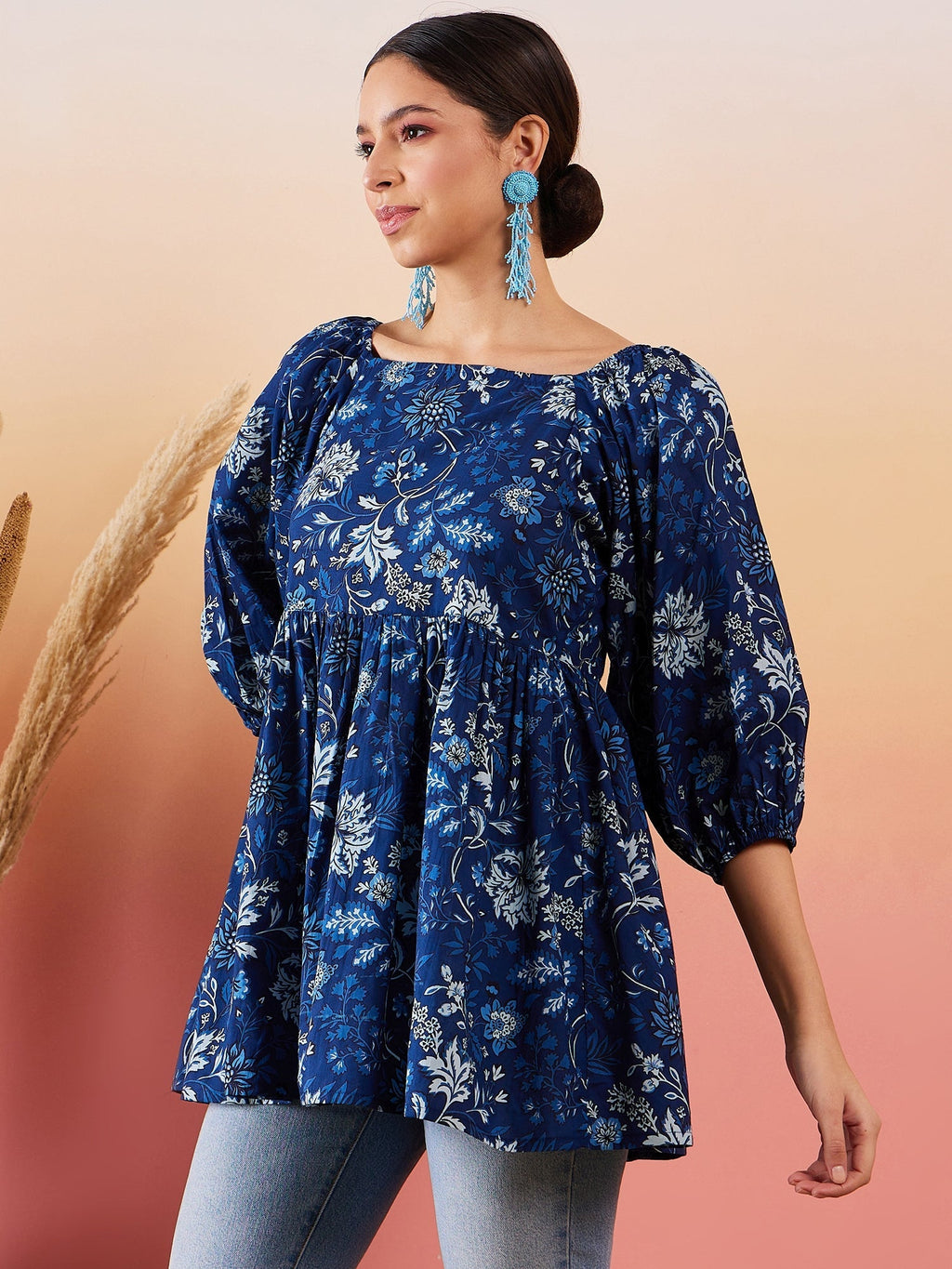 InWeave Indigo Floral Print Cold Shoulder Top | Grocsy