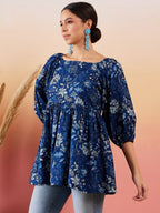 InWeave Indigo Floral Print Cold Shoulder Top | Grocsy