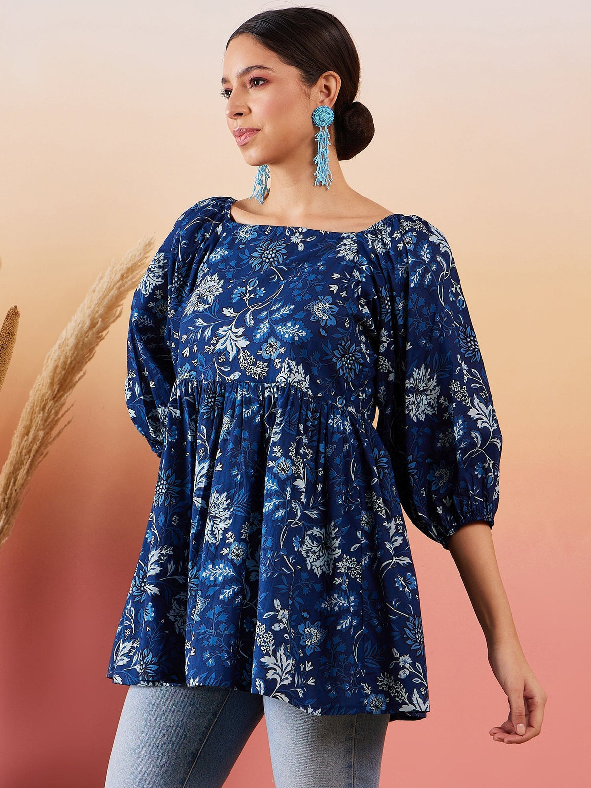 InWeave Indigo Floral Print Cold Shoulder Top | Grocsy