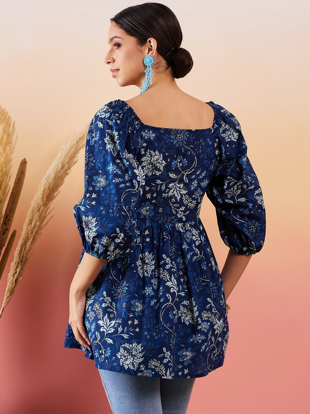 InWeave Indigo Floral Print Cold Shoulder Top | Grocsy