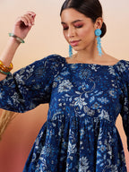 InWeave Indigo Floral Print Cold Shoulder Top | Grocsy