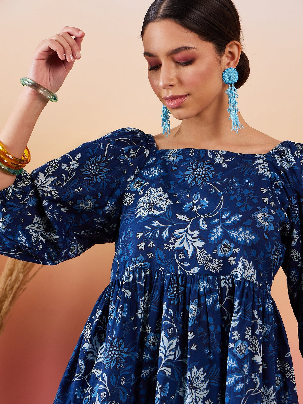 InWeave Indigo Floral Print Cold Shoulder Top | Grocsy