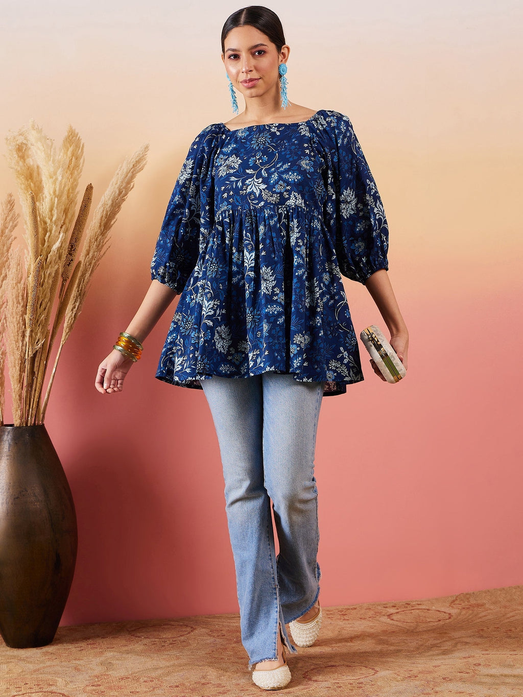 InWeave Indigo Floral Print Cold Shoulder Top | Grocsy