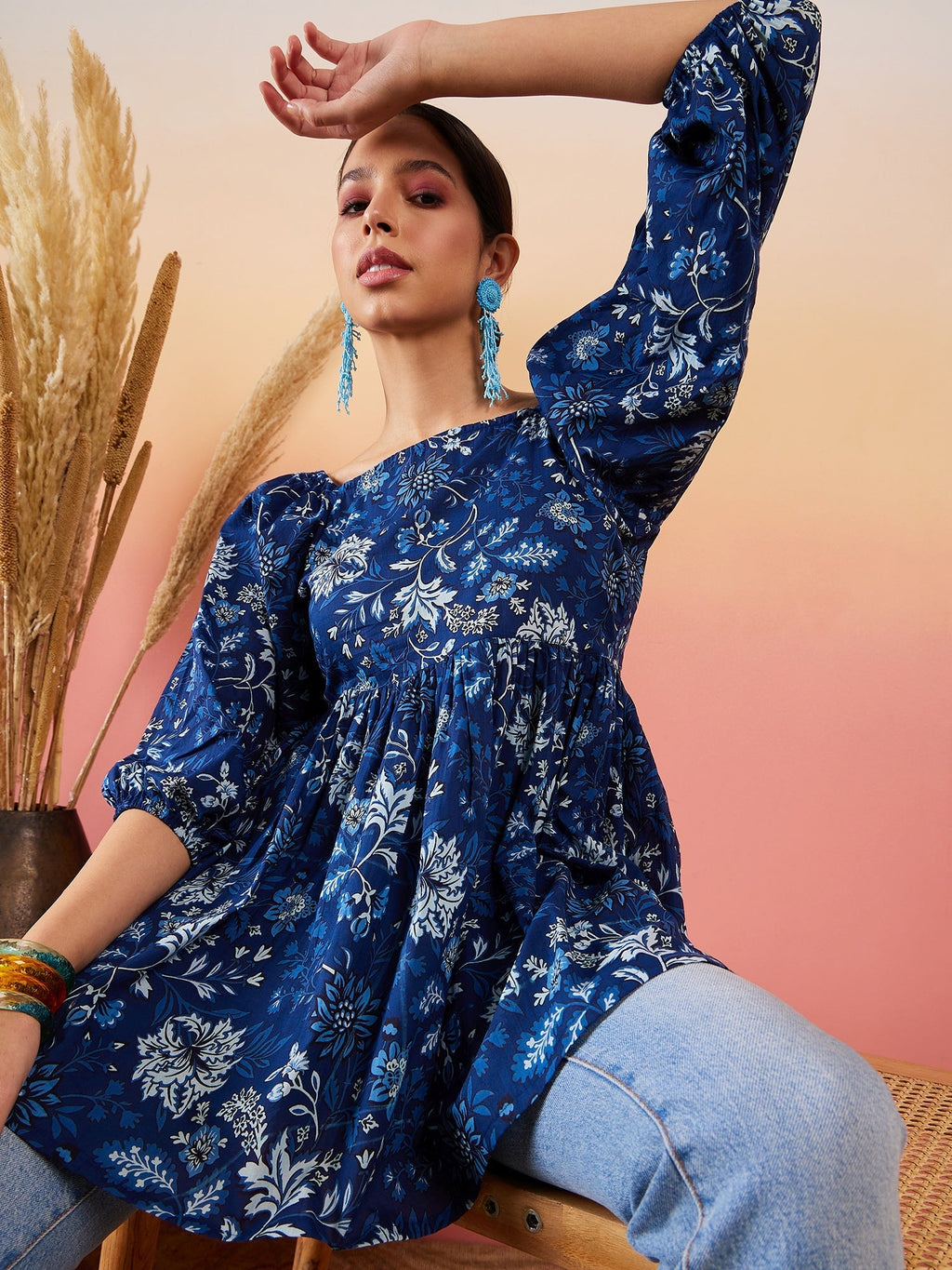 InWeave Indigo Floral Print Cold Shoulder Top | Grocsy