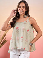 InWeave Tea Green Floral Strappe Flare Top | Grocsy