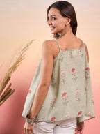 InWeave Tea Green Floral Strappe Flare Top | Grocsy