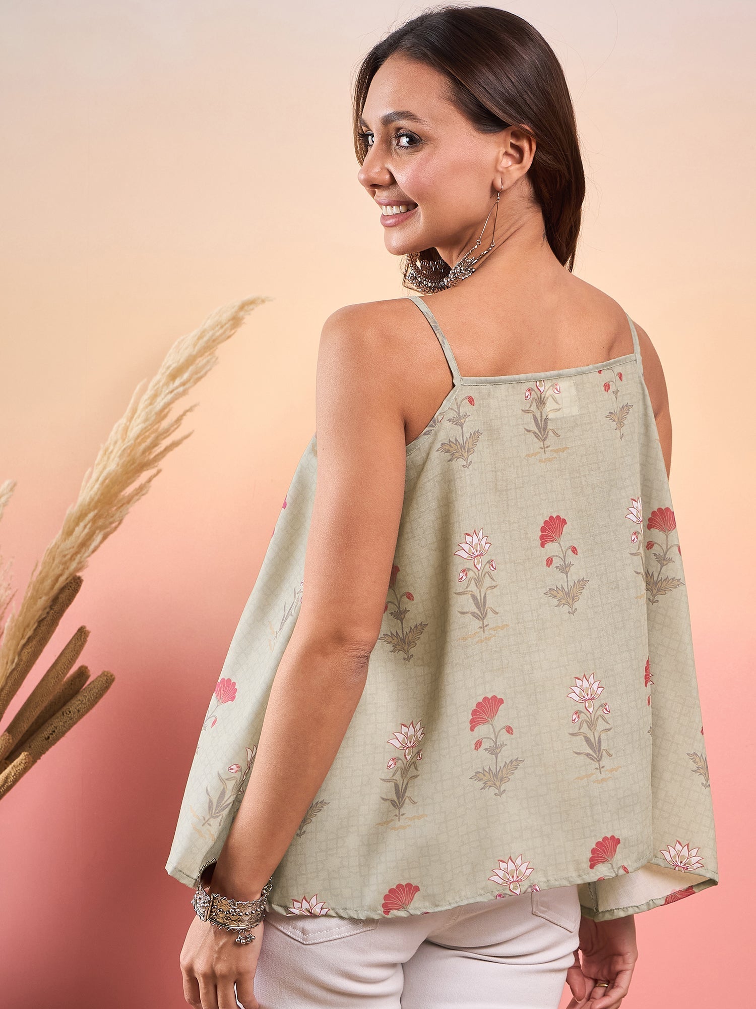 InWeave Tea Green Floral Strappe Flare Top | Grocsy