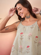 InWeave Tea Green Floral Strappe Flare Top | Grocsy