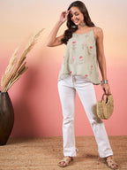 InWeave Tea Green Floral Strappe Flare Top | Grocsy