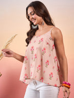 InWeave Light Peach Floral Strappe Flare Top | Grocsy