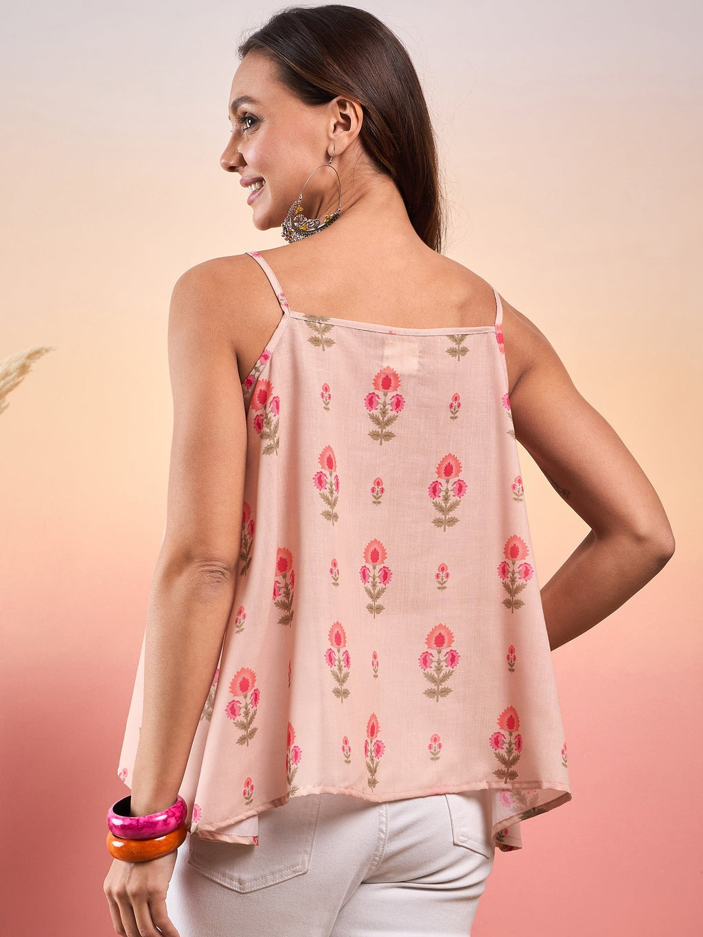 InWeave Light Peach Floral Strappe Flare Top | Grocsy