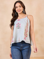InWeave Stone Green Big Leaf Magenta Strappe Flare Top | Grocsy