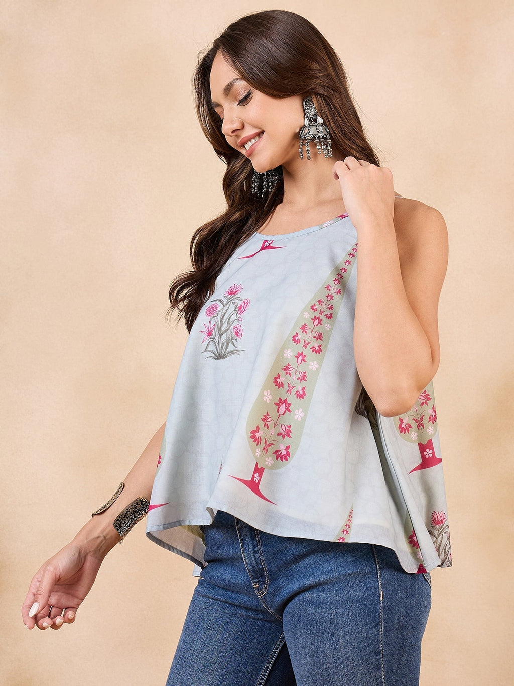 InWeave Stone Green Big Leaf Magenta Strappe Flare Top | Grocsy
