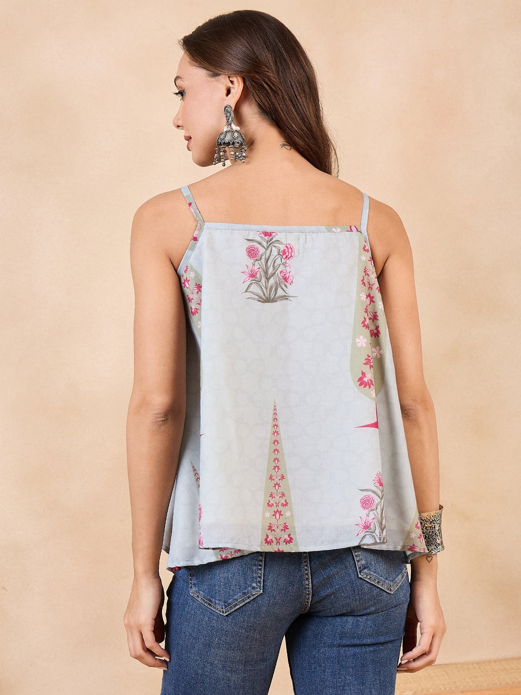 InWeave Stone Green Big Leaf Magenta Strappe Flare Top | Grocsy