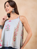 InWeave Stone Green Big Leaf Magenta Strappe Flare Top | Grocsy