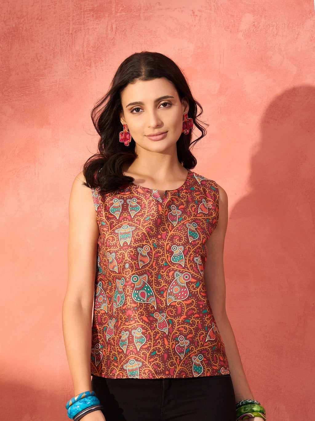 InWeave Rust Bird Jaal Print W/S Top | Grocsy