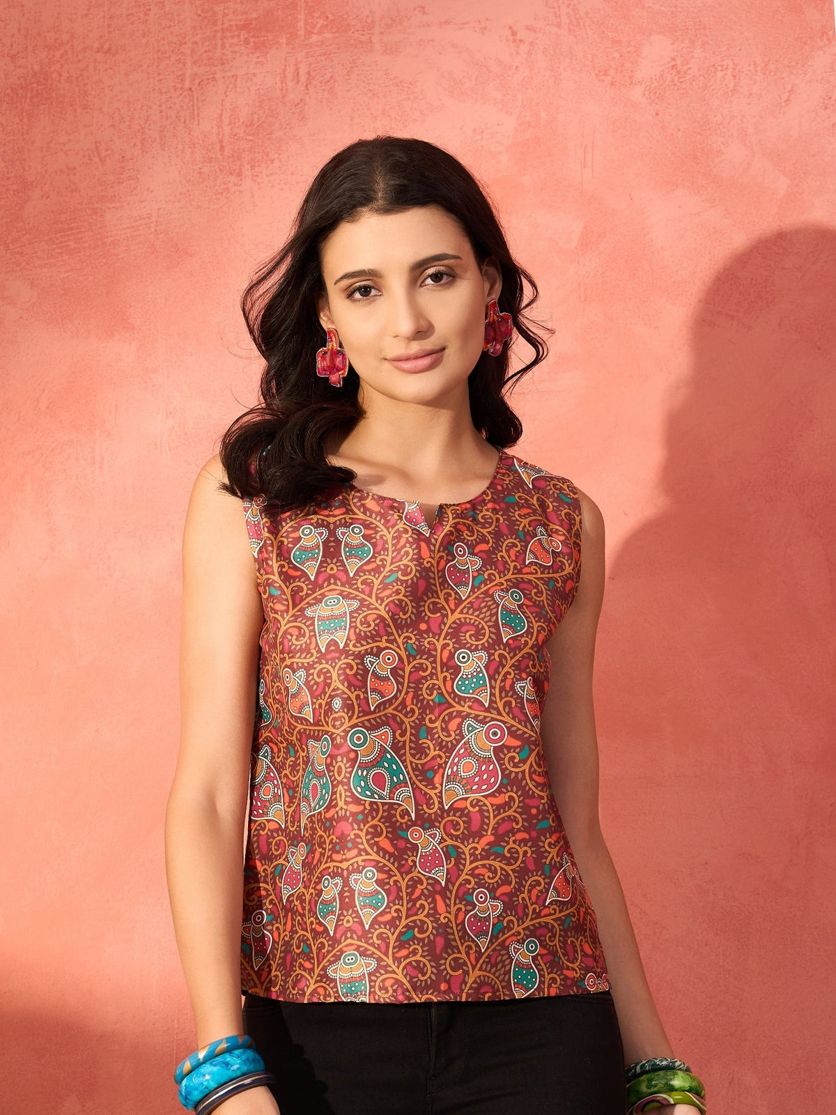 InWeave Rust Bird Jaal Print W/S Top | Grocsy