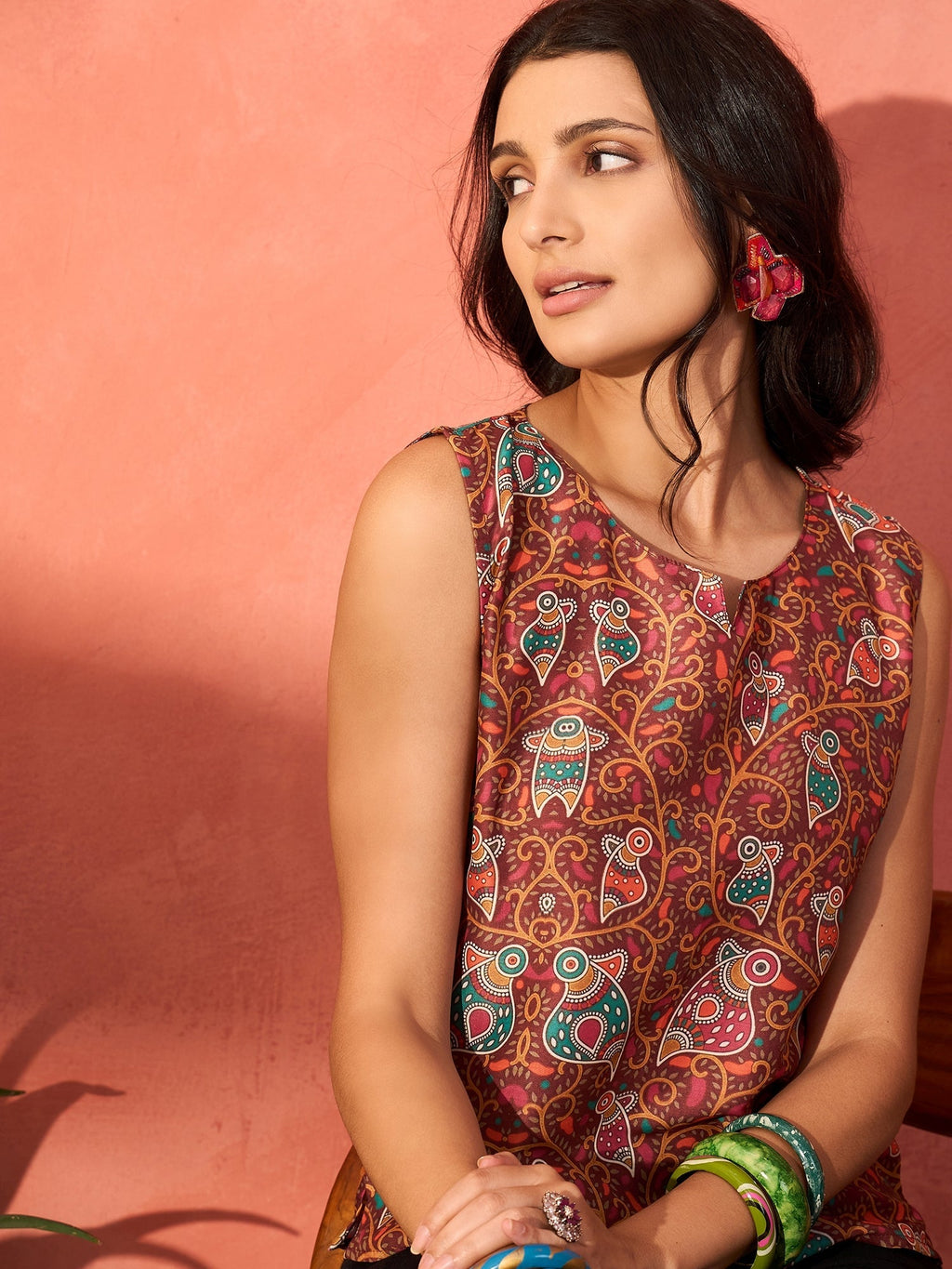 InWeave Rust Bird Jaal Print W/S Top | Grocsy