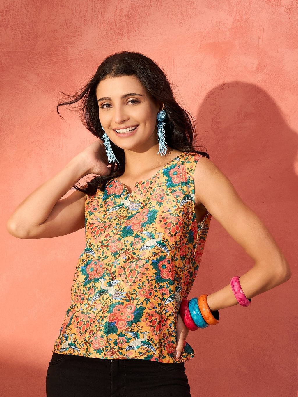 InWeave Corn Yellow Bird Floral Print W/S Top | Grocsy