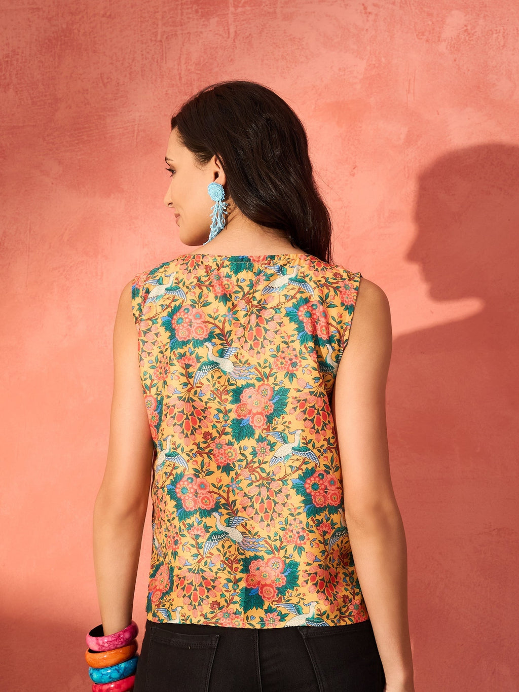 InWeave Corn Yellow Bird Floral Print W/S Top | Grocsy