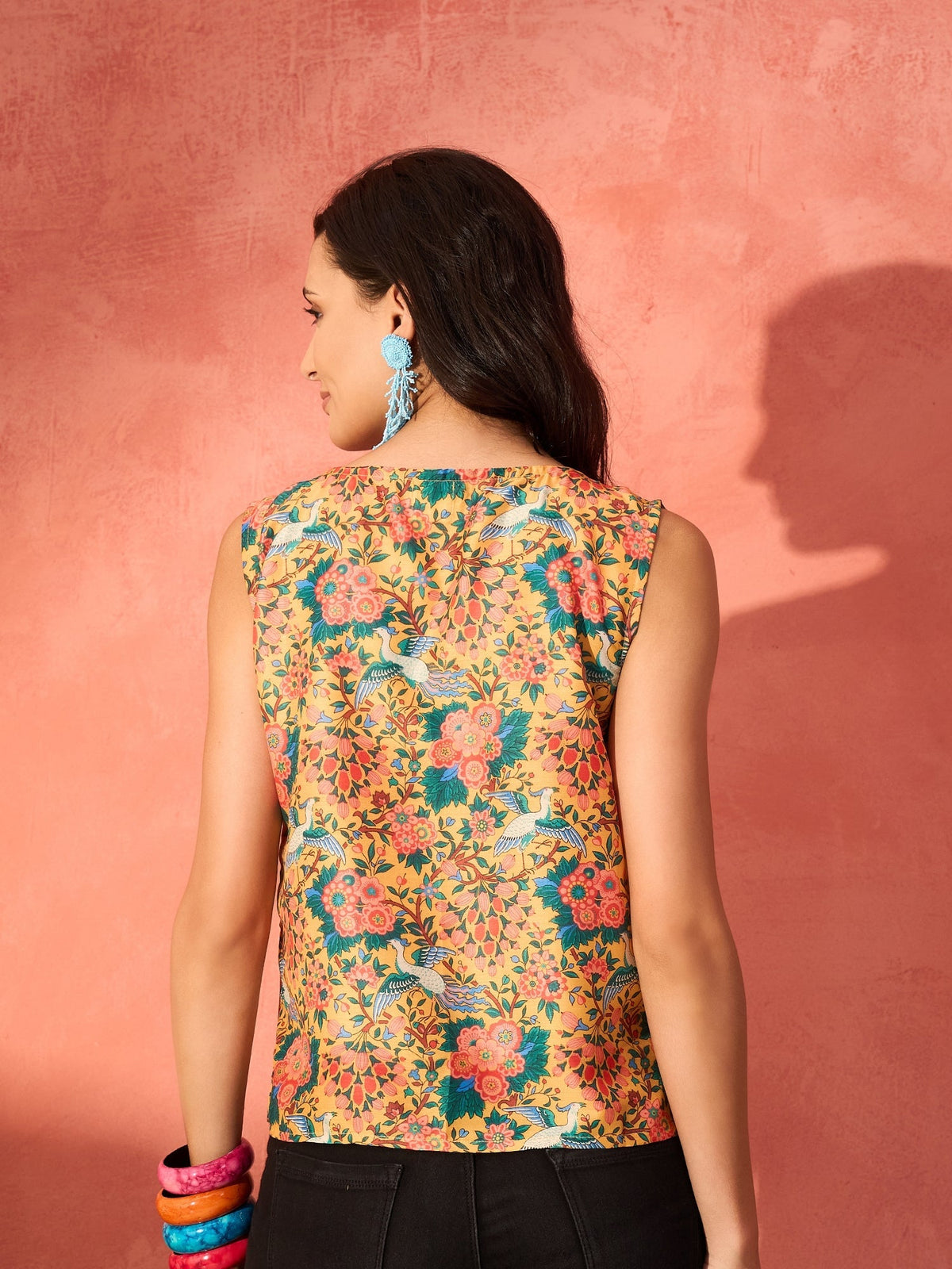 InWeave Corn Yellow Bird Floral Print W/S Top | Grocsy