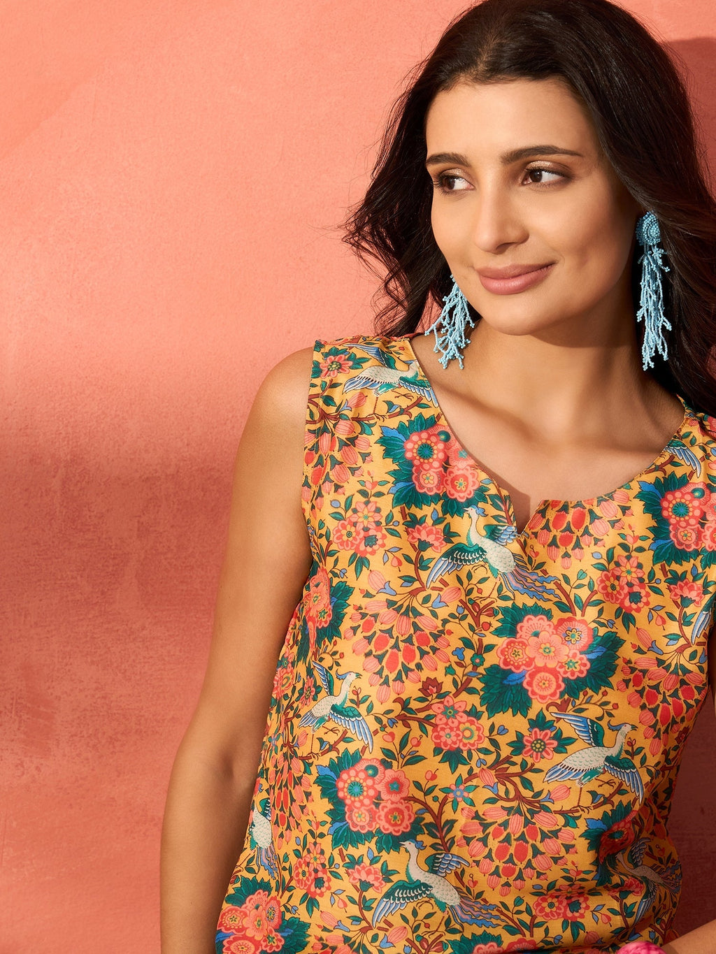 InWeave Corn Yellow Bird Floral Print W/S Top | Grocsy