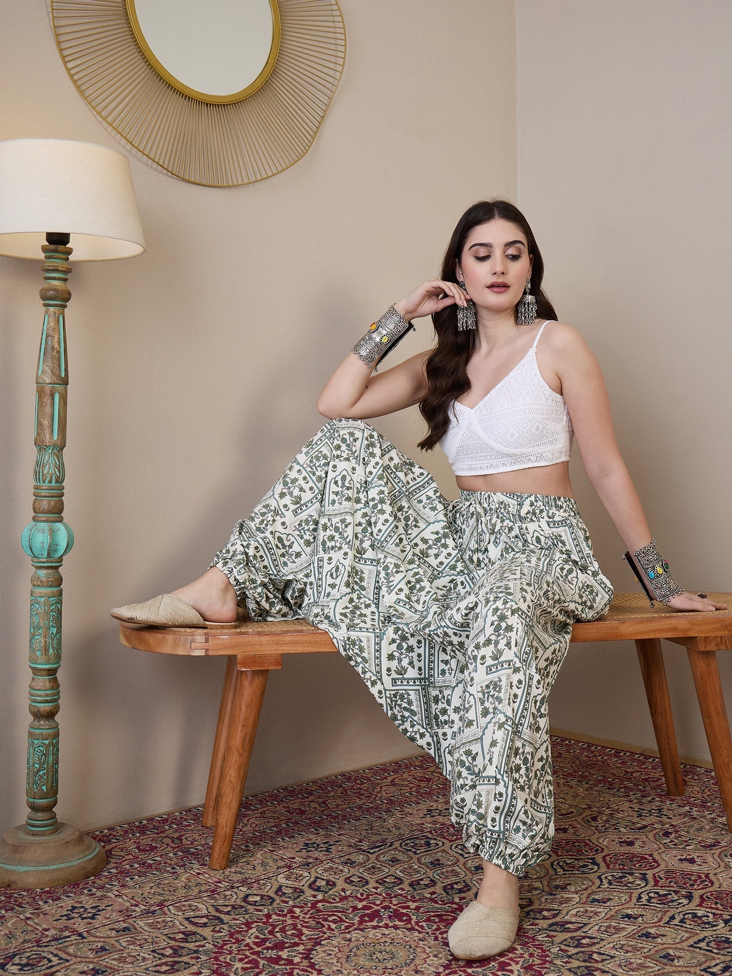 InWeave Sea Green Ethnic Window Harem Pant | Grocsy