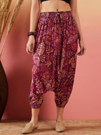 InWeave Wine Maroon Leaf Print Foil Harem Pant | Grocsy