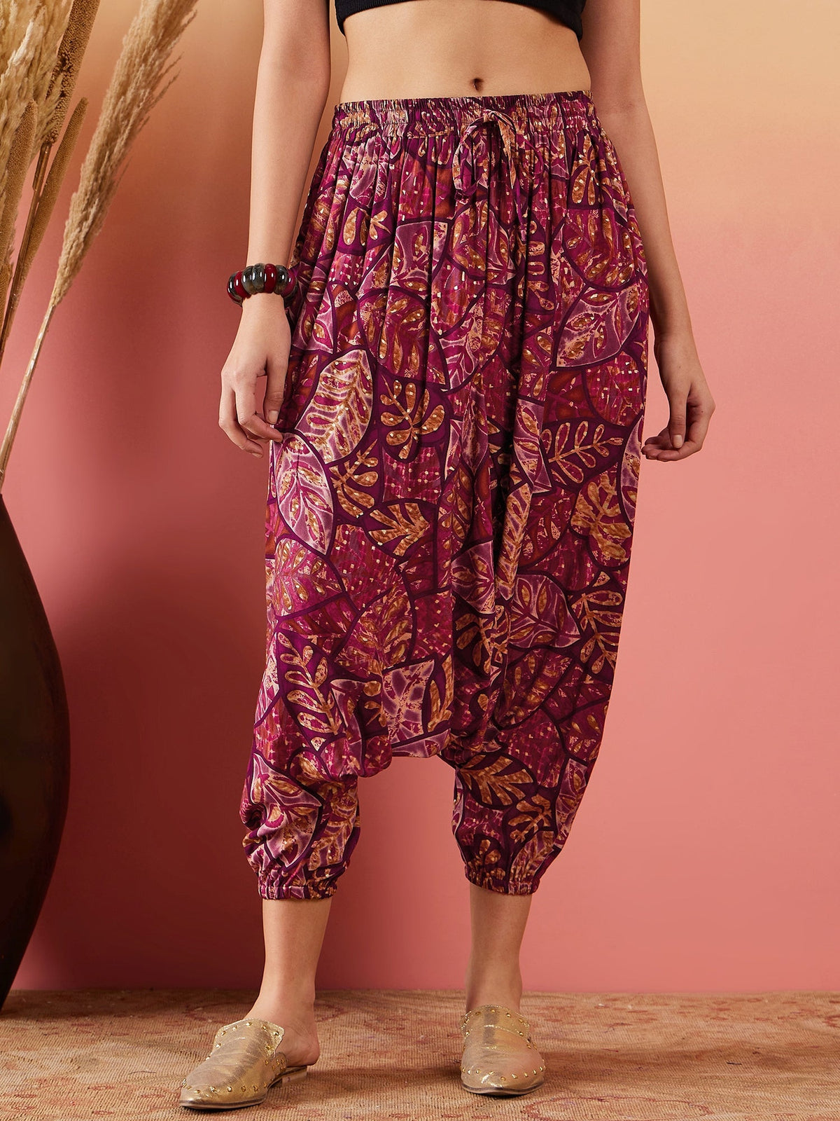 InWeave Wine Maroon Leaf Print Foil Harem Pant | Grocsy