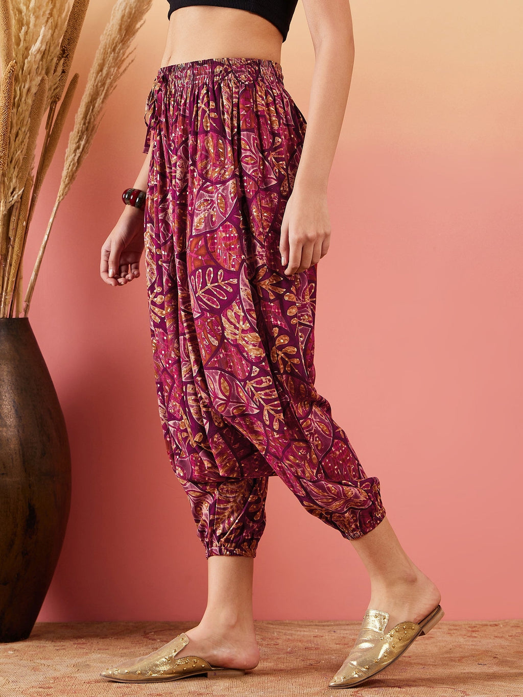 InWeave Wine Maroon Leaf Print Foil Harem Pant | Grocsy