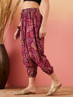 InWeave Wine Maroon Leaf Print Foil Harem Pant | Grocsy