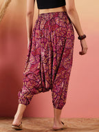 InWeave Wine Maroon Leaf Print Foil Harem Pant | Grocsy