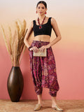 InWeave Wine Maroon Leaf Print Foil Harem Pant | Grocsy