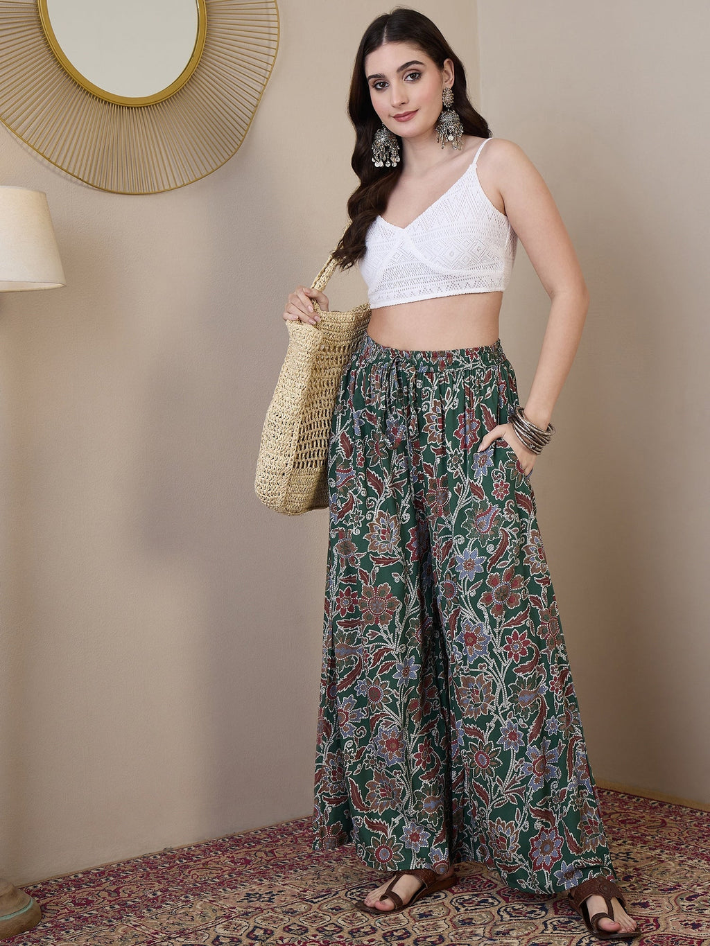 InWeave Green Big Jaal Palazzo | Grocsy