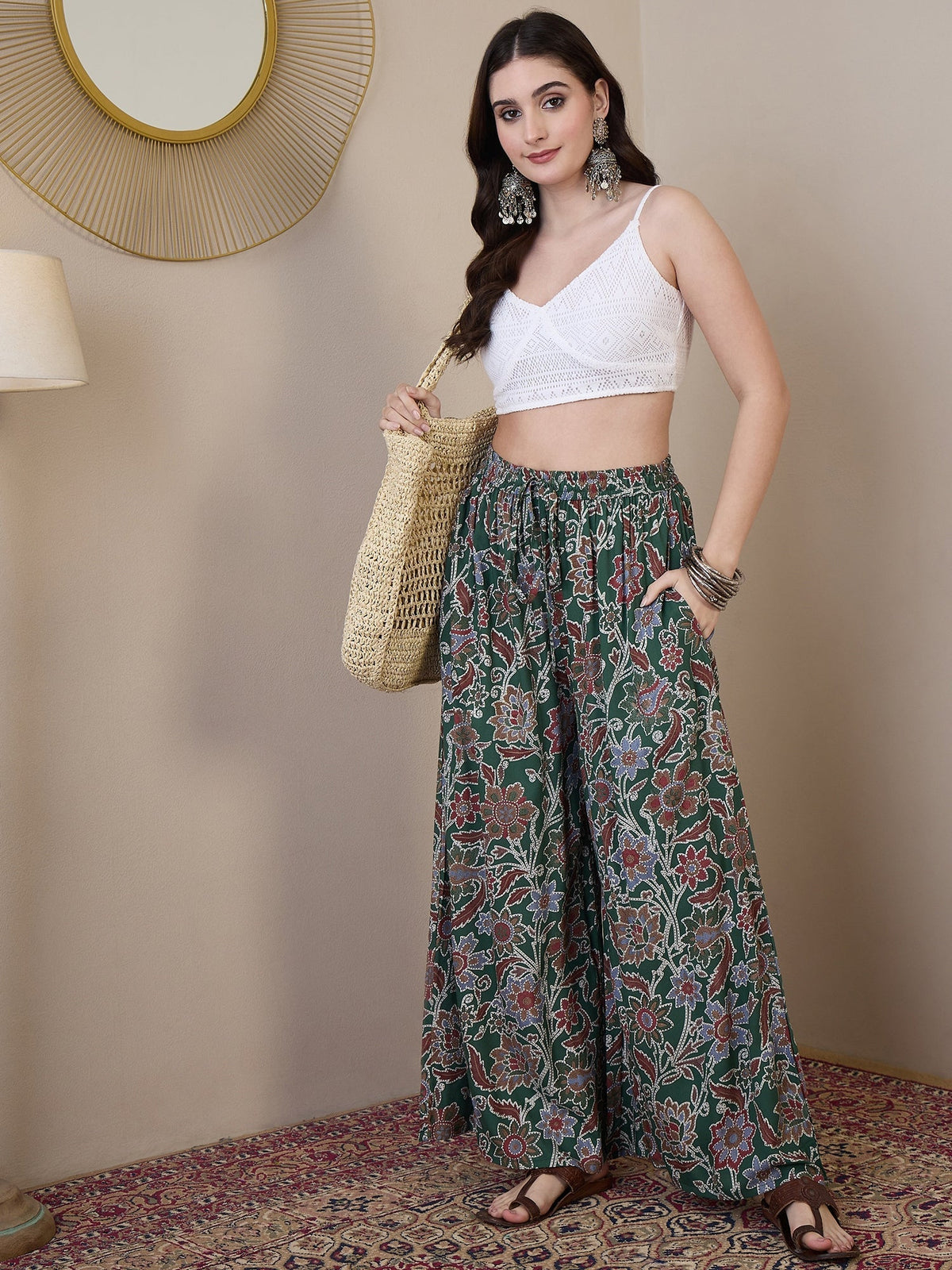 InWeave Green Big Jaal Palazzo | Grocsy