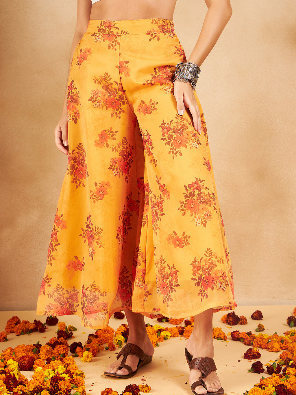 InWeave Mustard Rose Printed Organza Palazzo | Grocsy