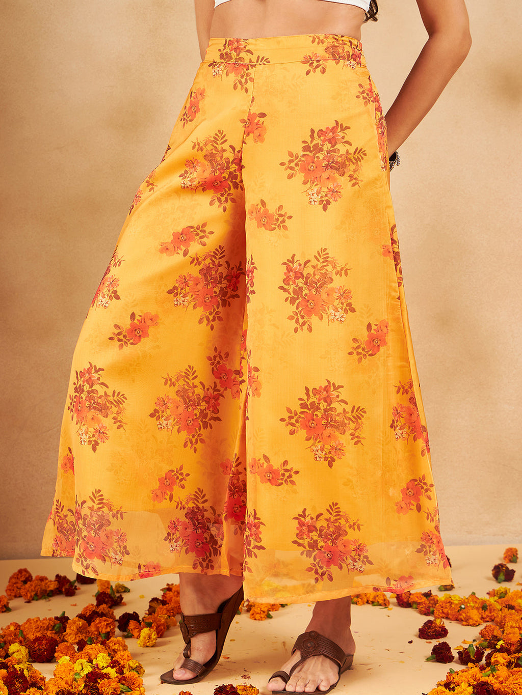InWeave Mustard Rose Printed Organza Palazzo | Grocsy