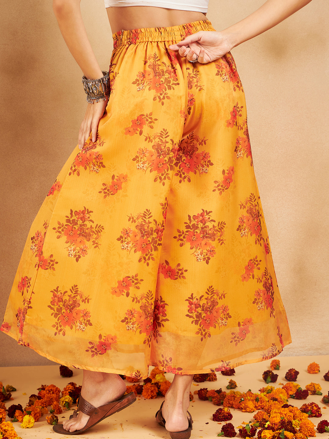 InWeave Mustard Rose Printed Organza Palazzo | Grocsy