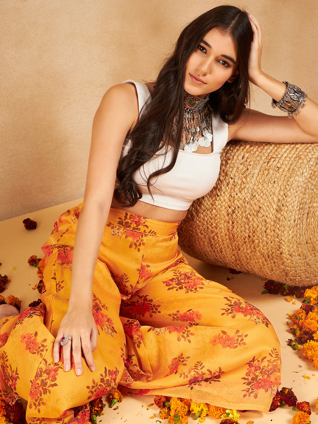 InWeave Mustard Rose Printed Organza Palazzo | Grocsy