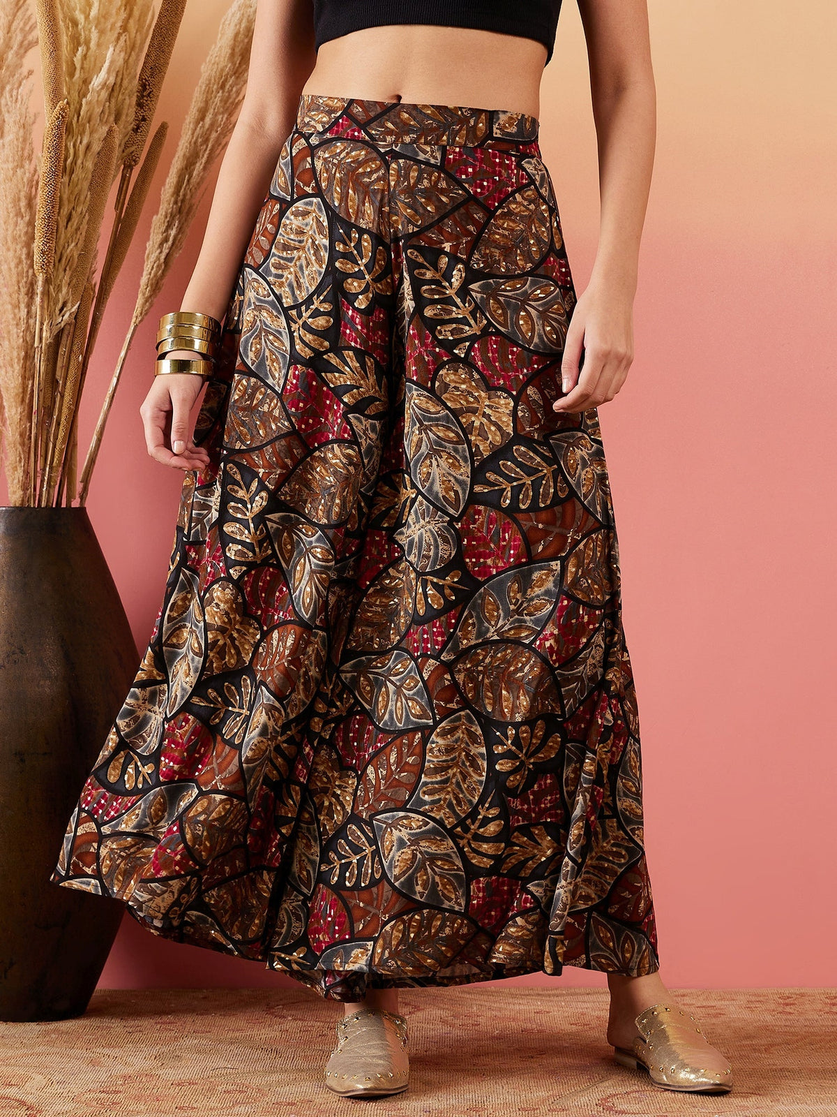 InWeave Black Grey Leaf Print Foil Palazzo | Grocsy
