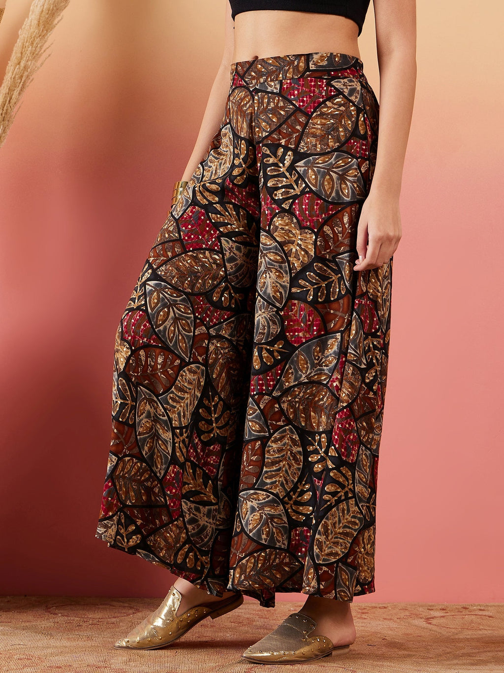InWeave Black Grey Leaf Print Foil Palazzo | Grocsy