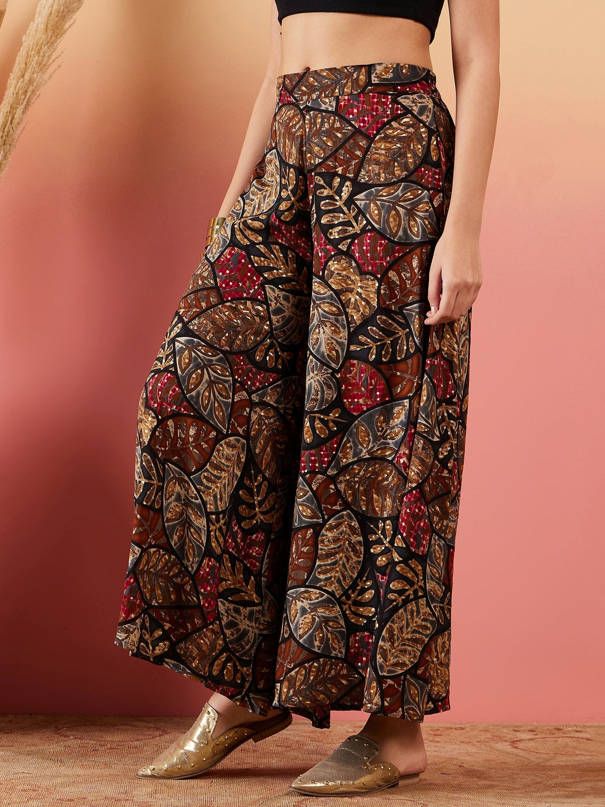 InWeave Black Grey Leaf Print Foil Palazzo | Grocsy