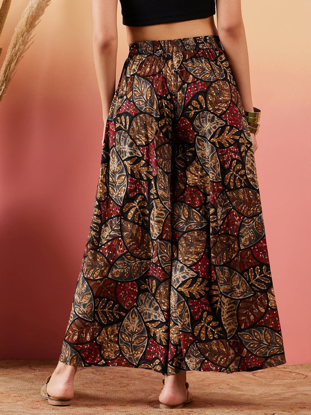 InWeave Black Grey Leaf Print Foil Palazzo | Grocsy