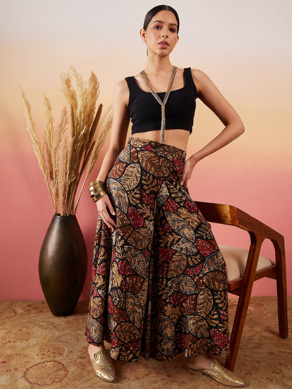 InWeave Black Grey Leaf Print Foil Palazzo | Grocsy