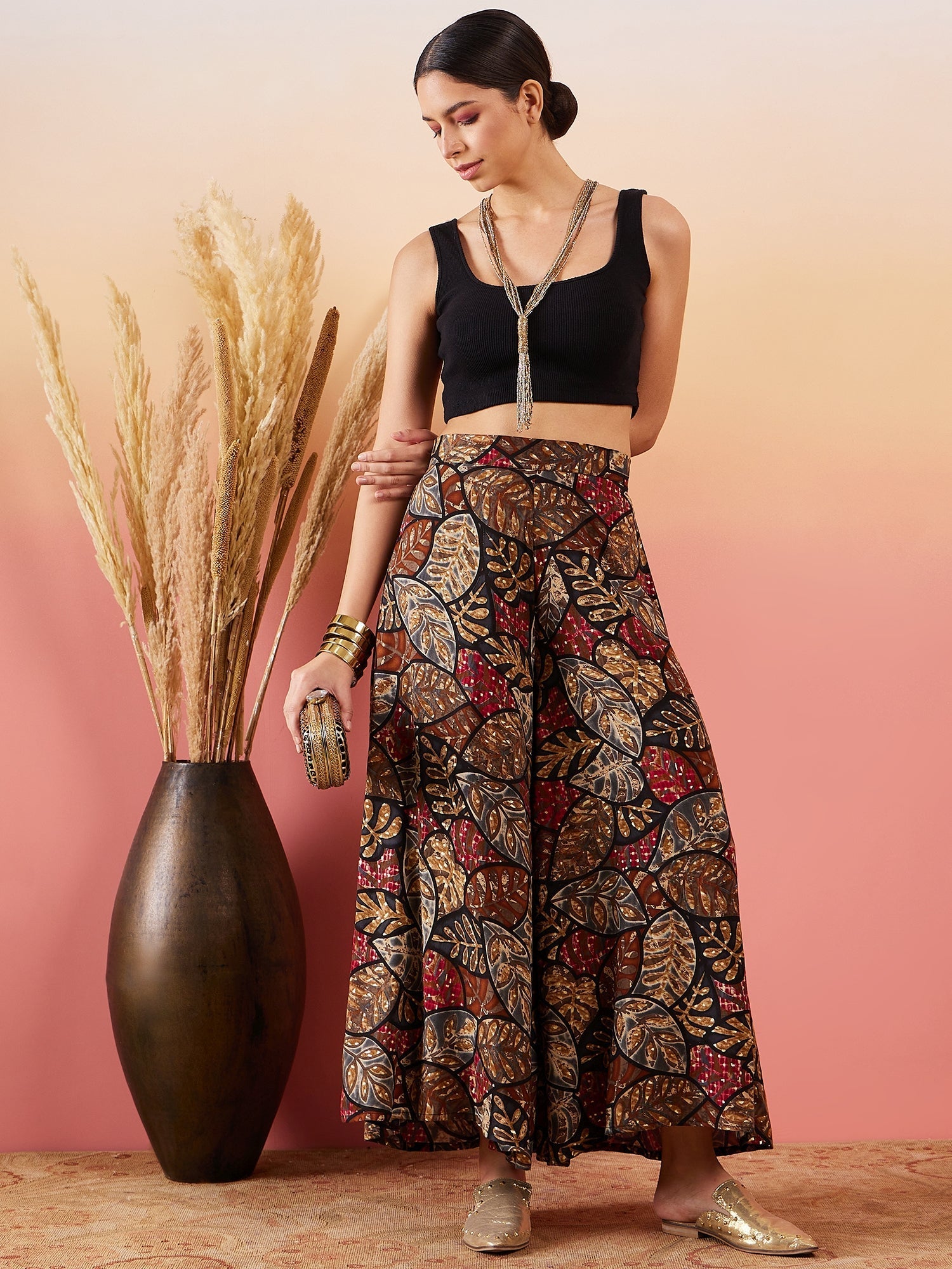 InWeave Black Grey Leaf Print Foil Palazzo | Grocsy